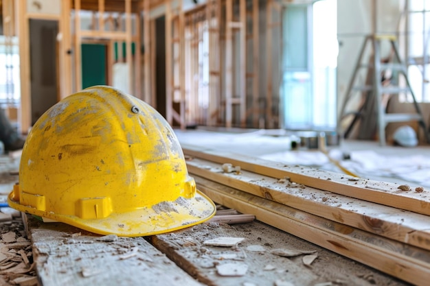 capacete de construção amarelo em tábuas de madeira em um canteiro de obras