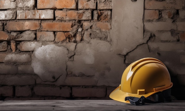 Capacete de construção amarelo no chão com uma placa dizendo "trabalhador da construção civil".
