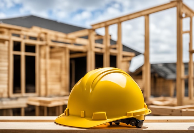 Capacete de construção de segurança amarelo em uma madeira contra o pano de fundo de uma casa sendo construída