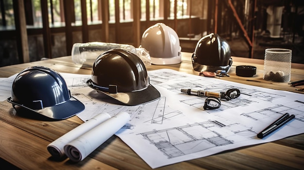 Foto capacete de construção e plano na mesa