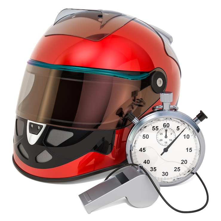 Foto capacete de corrida com renderização 3d de apito e cronômetro