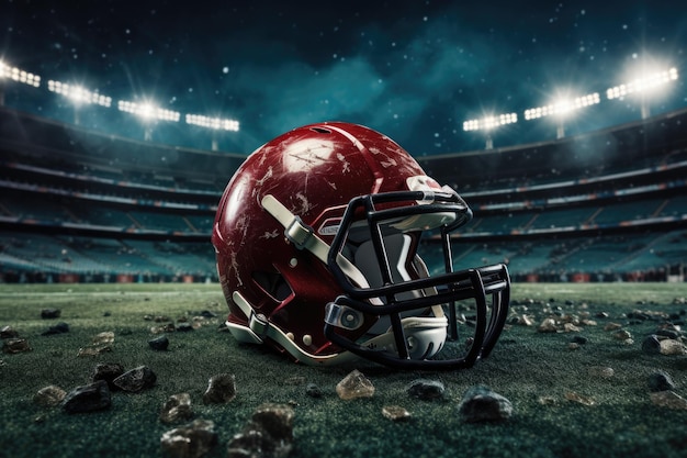 Capacete de futebol americano contra o estádio de rugby com luzes e sinalizadores renderização 3D Futebol americano e capacete no campo AI gerado