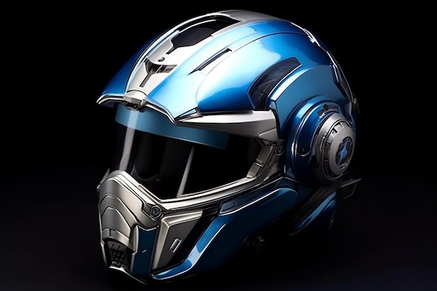 Capacete de moto grande de liga de metal elegante nas cores azul e prata