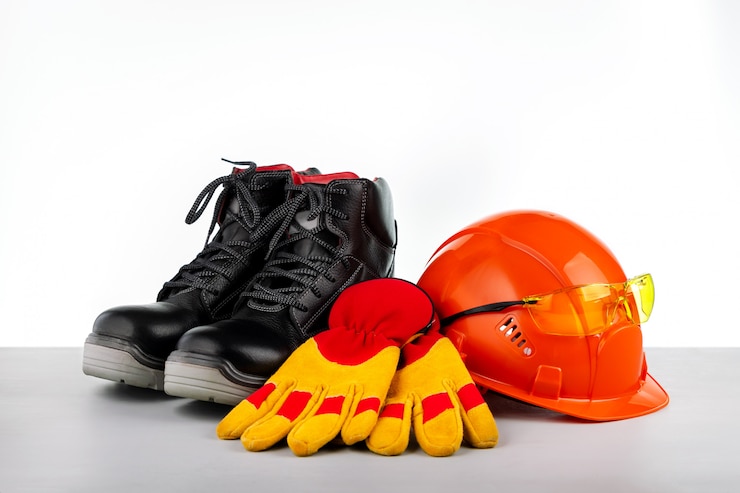 Foto capacete de proteção, botas, luvas e óculos na superfície cinza.