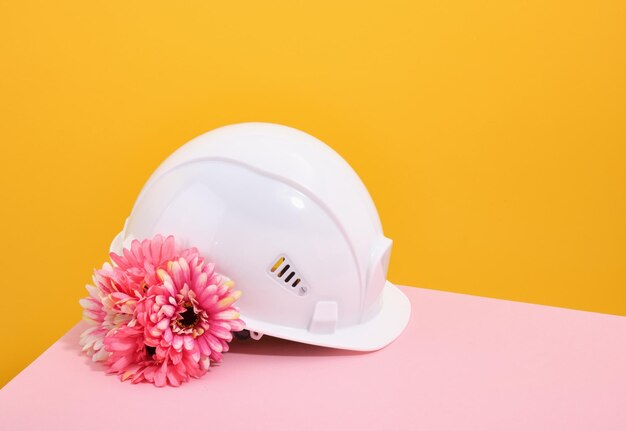 Capacete de proteção branco com flores de primavera Copiar espaço para texto