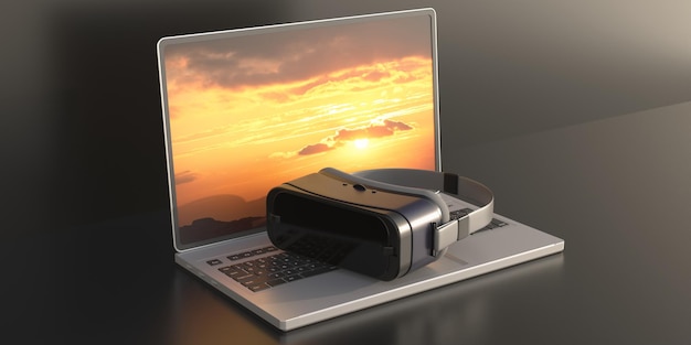 Capacete de realidade virtual na ilustração 3d de fundo preto do laptop