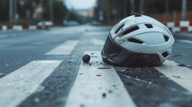 capacete de segurança de acidente de bicicleta no meio da estrada