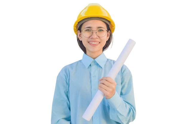 Capacete de segurança de engenheiro de mulher asiática no conceito de construção de fundo branco engenheiro indústria