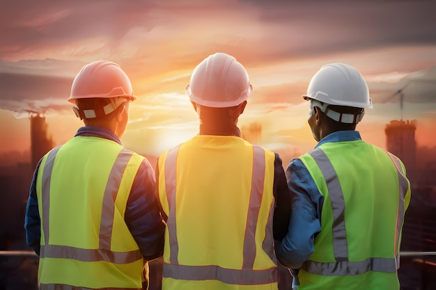 capacete de segurança para trabalhadores da construção com fundo de céu ao pôr-do-sol
