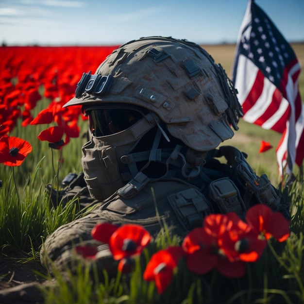 Foto capacete de soldado americano em um jardim de papoulas com bandeira dos eua generative ai