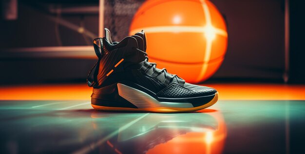 capacete e sapatos futuristas sapatos de basquete laranja ao lado de um basquete