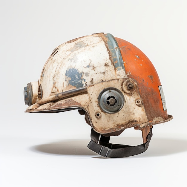 Foto capacete estilo industrial vintage laranja e branco na superfície branca