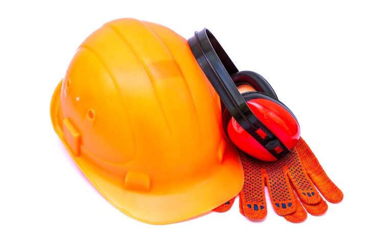 Foto capacete laranja para o construtor como um meio de proteção no canteiro de obras em fundo branco