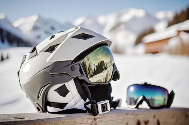 Capacete para equipamento de esqui ou snowboard e máscara protetora com óculos de sol e óculos AI generative