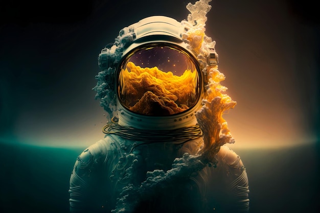 Capacete subaquático de astronauta e reflexo de tinta Generative AI