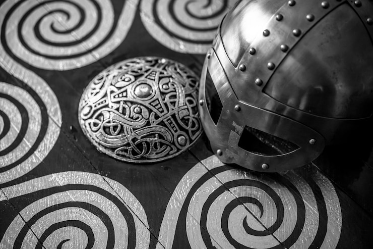 Foto capacete viking com cota de malha em um escudo vermelho com formas douradas de armas solares para a guerra