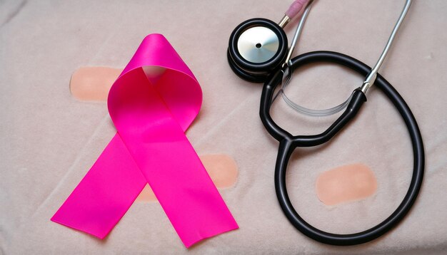 Capacitando a saúde Fita rosa e estetoscópio preto em gesso abraçam a jornada para o bem-estar