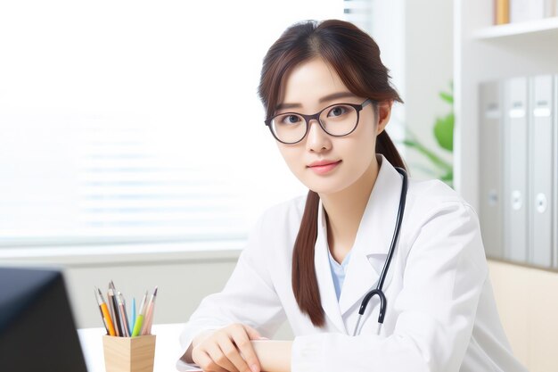 Capacitando o cuidado Médica asiática Confiança na clínica Incorporação de conhecimento médico e compaixão quando uma médica asiática comanda sua sala de clínica