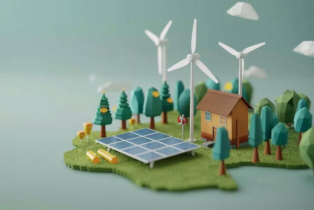 Capacitar as aldeias com ilustrações de energia renovável de painéis solares e turbinas eólicas