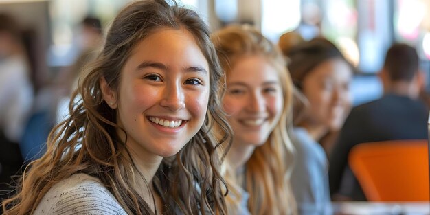 Capacitar mulheres jovens sorrindo e colaborando em uma oficina de codificação para aperfeiçoar habilidades de programação conceito habilidades de codificações oficina de capacitação colaboração mulheres jovens