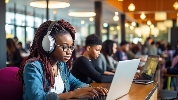 Capacitar o futuro Estudantes africanos focados se envolvem em auto-estudo usando fones de ouvido e laptops para acessar um mundo de oportunidades de aprendizagem eletrônica Perfeito para banners de sites