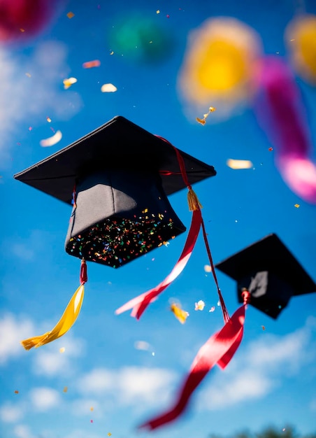 Capas acadêmicas no ar na formatura Foco seletivo
