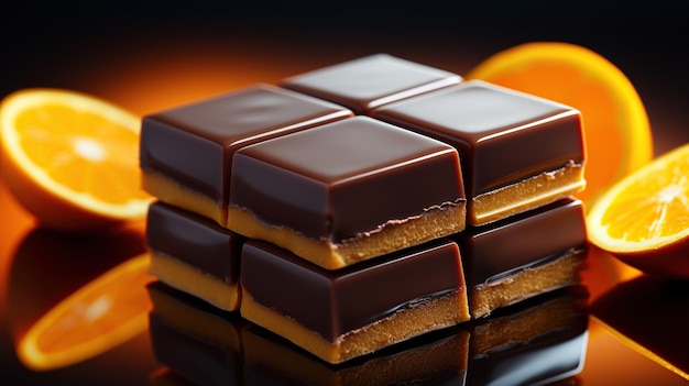 Capas de chocolate oscuro con relleno de naranja hermosamente dispuestas con un telón de fondo cálido