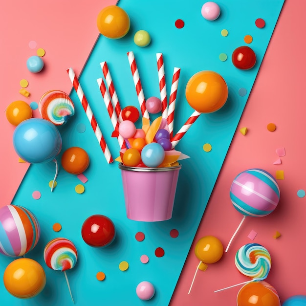 Capas de festa de aniversário palhinhas de papel doces e balões em fundo colorido IA geradora