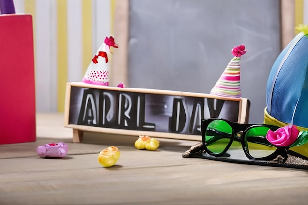 Capas de fiesta, vasos y cuernos en la mesa cerca de la pizarra con la frase Día de los tontos de abril