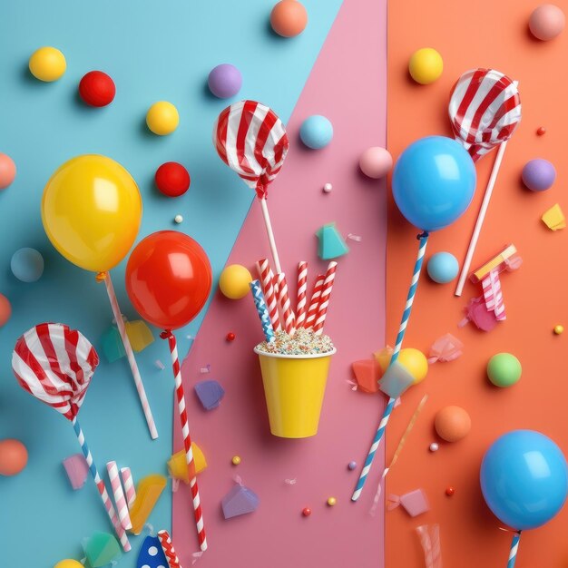 Capas para fiestas de cumpleaños, pajitas de papel, dulces y globos sobre un fondo colorido.