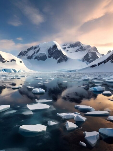 capas de hielo en la Antártida con icebergs en el océano nadando alrededor y derritiéndose en el mar