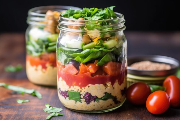 Las capas de hummus en una ensalada de frasco