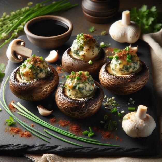 Foto capas de setas rellenas con bursinas de hierbas y ajo