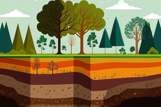 Capas de suelo subterráneo herboso y terreno cubierto de árboles paisaje de arqueología horizontal