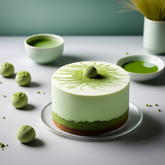 capas de torta de esponja delicada con infusión de matcha mascarpone cremoso y un polvo de matcha