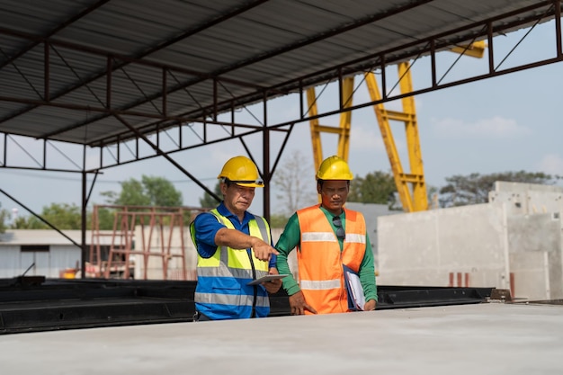 Capataz asiático senior que señala la calidad del cemento en hormigón moldeado para hacer paredes prefabricadas en la fábrica