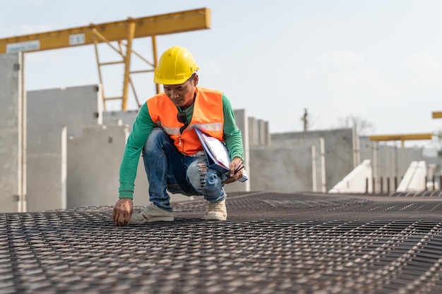 Capataz asiático verificando gaiola de reforço de aço para fazer parede de concreto pré-moldado no canteiro de obras