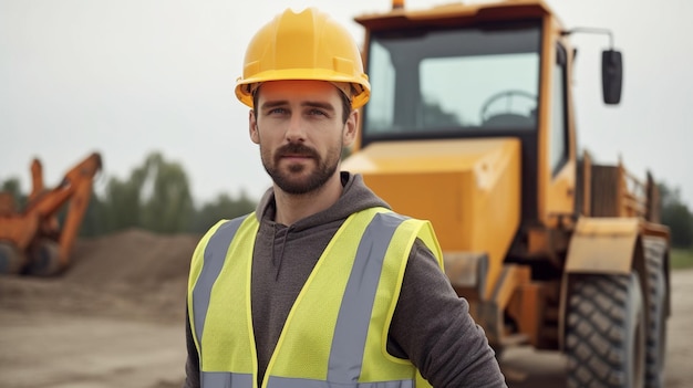 Capataz confiado en chaqueta brillante y casco de seguridad se encuentra en el sitio de construcción contra el vehículo de oruga AI generativa