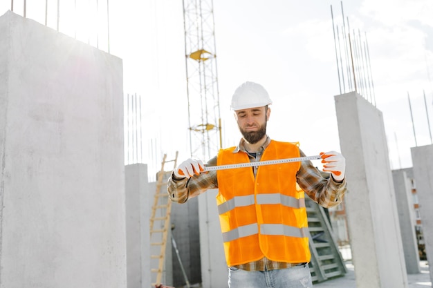 Capataz de reparador de construtor em capacete protetor e colete fica no local de trabalho na construção e mantém a régua nas mãos