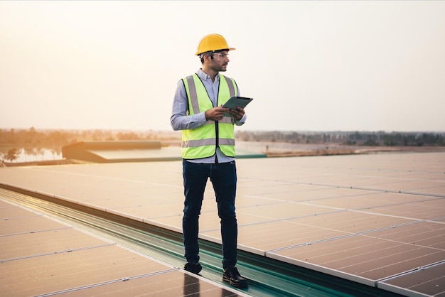 Capataz de ingeniero que usa la comprobación de tabletas en la planta de energía solar industrial