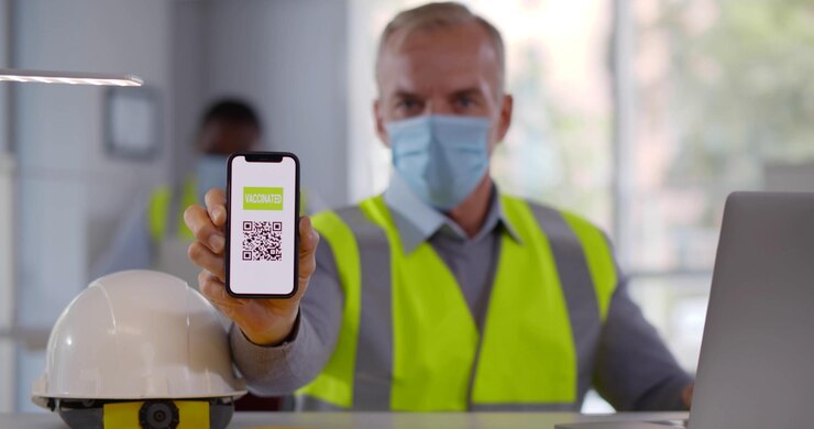 Capataz maduro con máscara de seguridad que muestra vacunar qrcode en el teléfono celular en la cámara