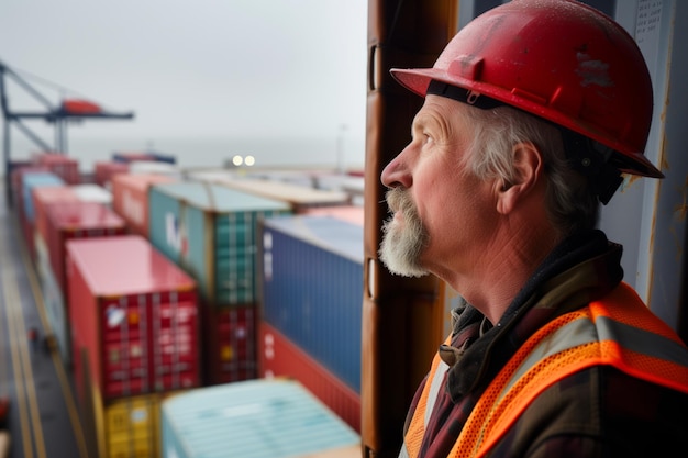 Foto el capataz mirando la cubierta del contenedor extendida delante de él