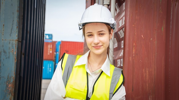 El capataz de la mujer sonríe al lado del contenedor de carga en el gerente del almacén con casco blanco Supervisor de seguridad en el concepto de puerto de terminal personalizada de contenedores importación exportación