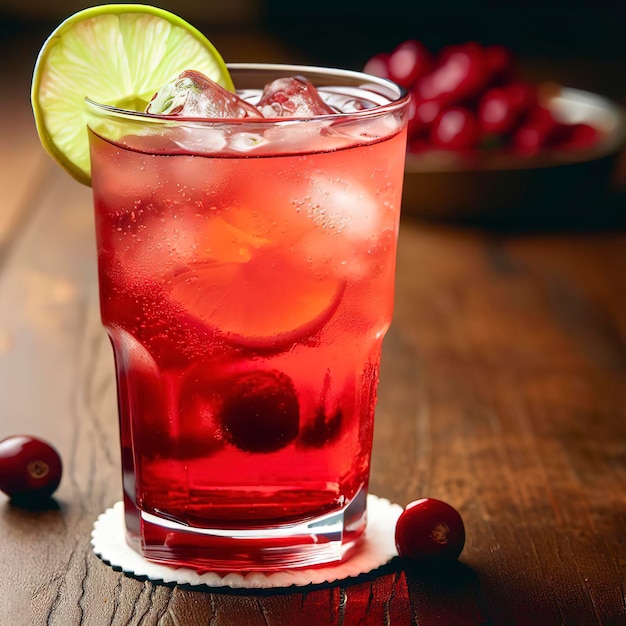 Cape Codder-Cocktail mit Wodka, Cranberry-Saft und Limette auf einem Holztisch