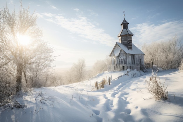 Capela coberta de neve no meio de uma paisagem de inverno criada com ai generativa