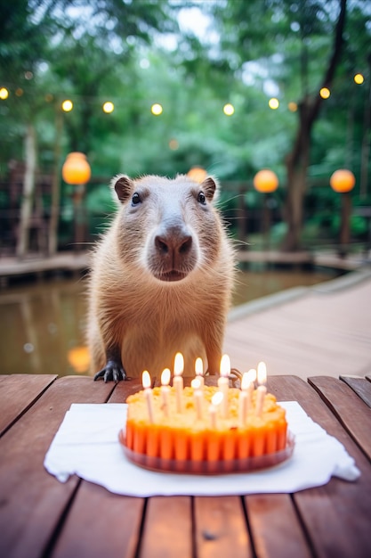 Capibara alegre celebrando su cumpleaños Tarta de fiesta y espacio de copia Vertical