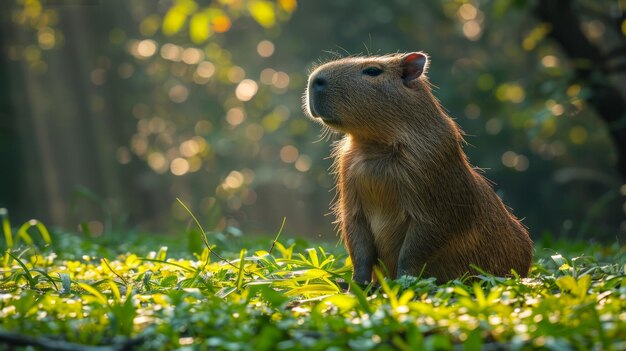 Capibara deitada na grama olhando para cima