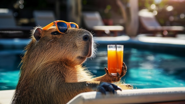 Un capibara con gafas de sol con un vaso de cóctel descansa en una sillona junto a la piscina anunciando