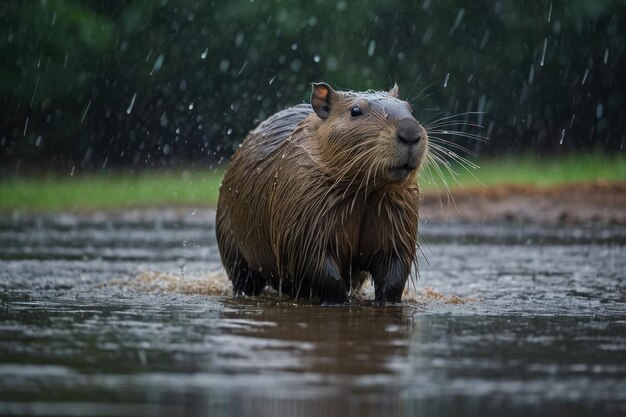 Foto capibara bajo la lluvia