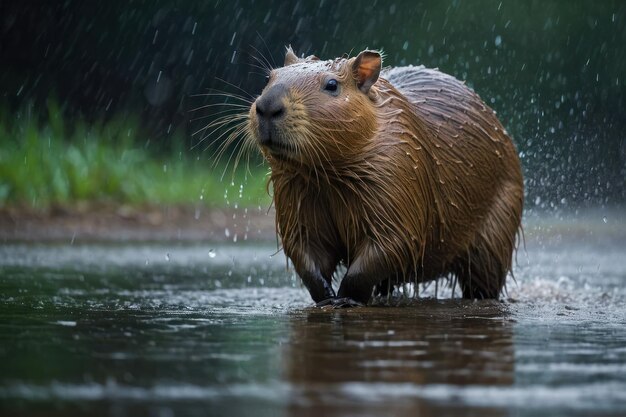 Capibara bajo la lluvia